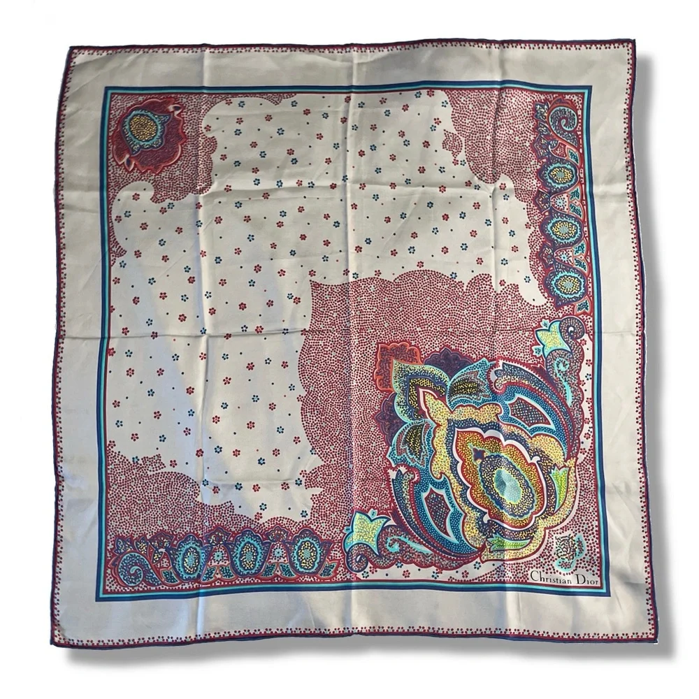 ✨ VINTAGE Christian Dior Silk Scarf | Grey Paisley Floral 30” Square Luxury ✨